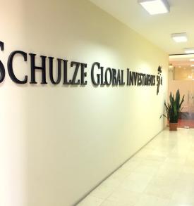 Corridor to Entrance displaying large logo of SGI